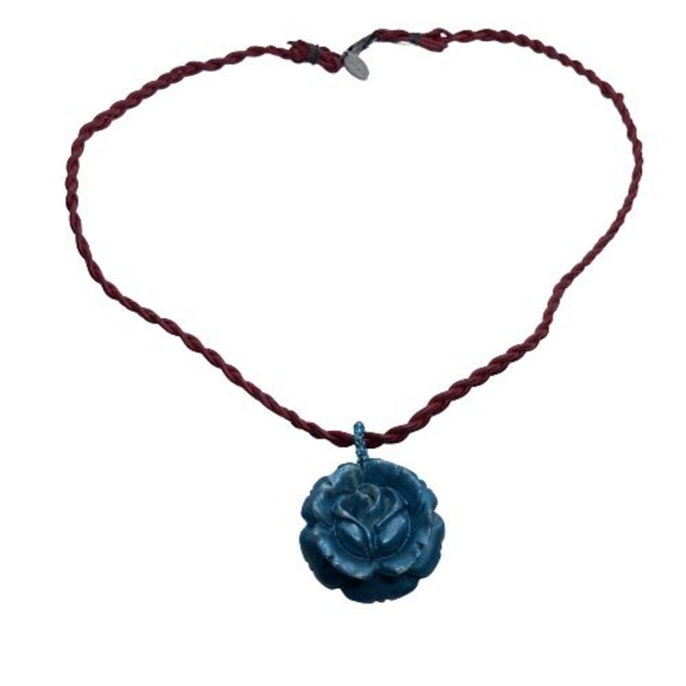 Gara Danielle Red Braided Cord Flower Pendant 16" Necklace with Sterling Clasp